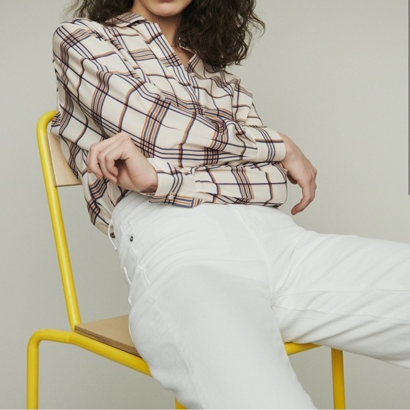 Maje Plaid Long Sleeve Button Down Shirt Blue Tan Size 3/Large - Picture 2 of 14